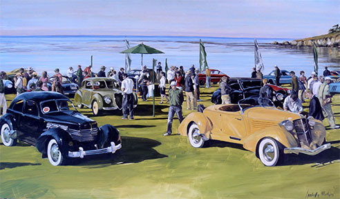 "Vintage Car Meeting" Oil on Canvas, 78" x 45" by artist Isabella Monari. See her portfolio by visiting www.ArtsyShark.com