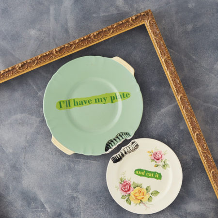 "I'll Have My Plate" Ceramic Decal on Vintage Plates, Various Sizes by artist Debbie Carne. See her portfolio by visiting www.ArtsyShark.com