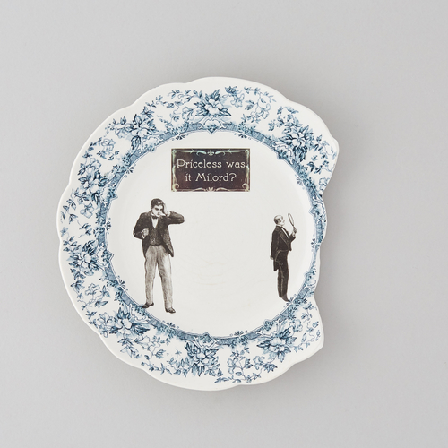 "What the Butler Saw" Ceramic Decal on Vintage Plate, Various Sizes by artist Debbie Carne. See her portfolio by visiting www.ArtsyShark.com