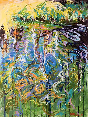 “Evergreen Reflections IV” Acrylic and Oil Paint Stick on Canvas, 30” x 40” by artist Denise Presnell. See her portfolio by visiting www.ArtsyShark.com