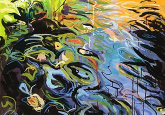 “Koi Ripples I” Acrylic and Oil Paint Stick on Canvas, 48” x 48” by artist Denise Presnell. See her portfolio by visiting www.ArtsyShark.com