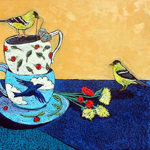 “Springtime Tea” Oil Pastel and Oil Paint on Board, 30” x 30” by artist Jorn Mork. See her portfolio by visiting www.ArtsyShark.com
