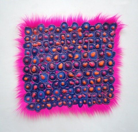 "A Love Supreme" Acrylic Paint, Vinyl Mesh and Faux Fur, 18" x 18" By artist Stevie Love. See her portfolio by visiting www.ArtsyShark.com
