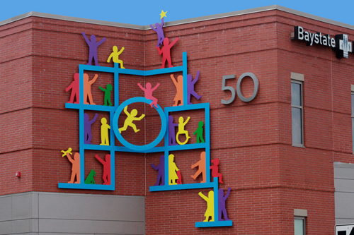 “A Place of Healing” (Baystate Children’s Hosp., Springfield, MA) Painted Aluminum, 13’6” x 10’6” x 22’4” by artist Peter Michel. See his portfolio by visiting www.ArtsyShark.com