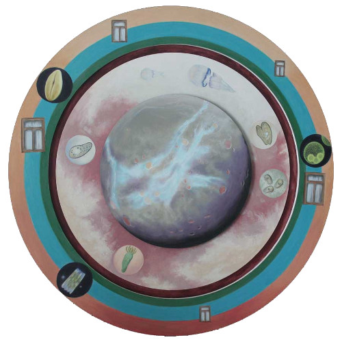 “Microbiota Luna Ventana” Oil on Wood Panel, 30.7” Circumference by artist Nano Sfera. See his portfolio by visiting www.ArtsyShark.com