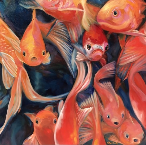 “Surprised Goldfish” Oil on Canvas, 36” x 36” by artist Leanne Hamilton. See her portfolio by visiting www.ArtsyShark.com