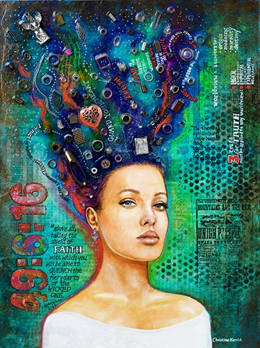 “Battlefield of the Mind 2” Acrylic and Mixed Media with Found Jewelry on Nested Board, 12” x 16” by artist Christine Kerrick. See her portfolio by visiting www.ArtsyShark.com