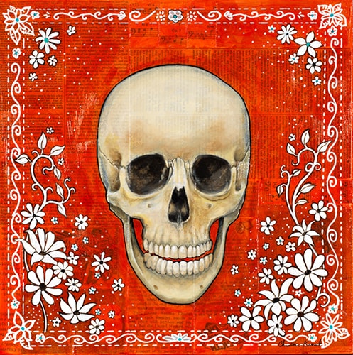 “Calavera Bonita” Acrylic and Mixed Media on Nested Board, 16” x 16” by artist Christine Kerrick. See her portfolio by visiting www.ArtsyShark.com