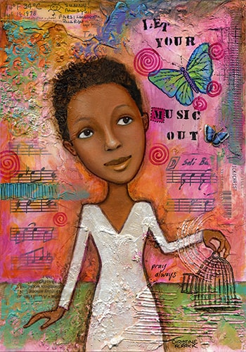 “Let Your Music Out” Acrylic and Mixed Media with Found Jewelry on Nested Board, 6” x 9” by artist Christine Kerrick. See her portfolio by visiting www.ArtsyShark.com