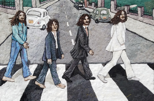 “Abbey Road” Dryer Lint, 36” x 24” by artist Heidi Hooper. See her portfolio by visiting www.ArtsyShark.com