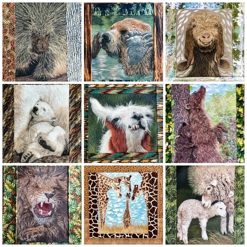 Animal Collage (Nine Separate Artworks) Material, Thread and Acrylic, Various Sizes By artist Milla Malchow. See her portfolio by visiting www.ArtsyShark.com