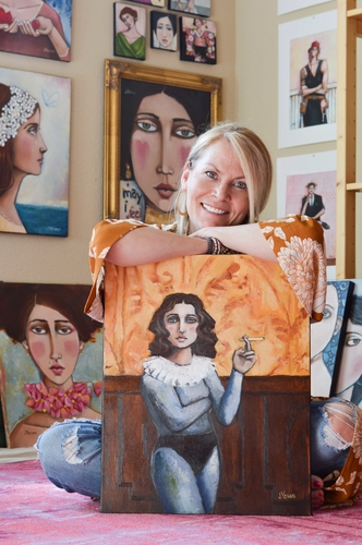Artist Jennifer Yoswa in her studio. See her portfolio by visting www.ArtsyShark.com