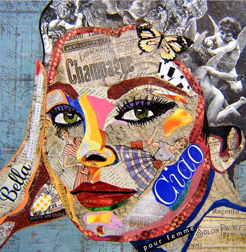 “Ciao, Baby! / Sophia” Paper Collage, 12" x 12" by artist Gary Bigelow. See his portfolio by visiting www.ArtsyShark.com