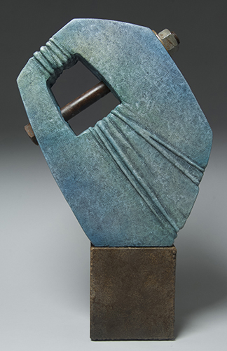 "Compression" Old Bolt through Ceramic Shape on a Rusted Steel Base Sculpture, 13" x 21" x 4" by artist Joseph Boddy. See his portfolio by visiting www.ArtsyShark.com