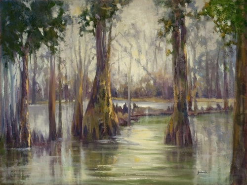 "Cypress Reflections" Oil on Canvas, 40" x 30" by artist Mary Garrish. See her portfolio by visiting www.ArtsyShark.com
