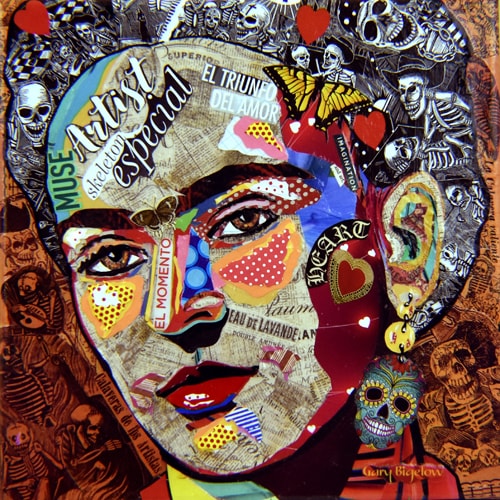 “Frida with Calaveras” Paper Collage, 12" x 12" by artist Gary Bigelow. See his portfolio by visiting www.ArtsyShark.com