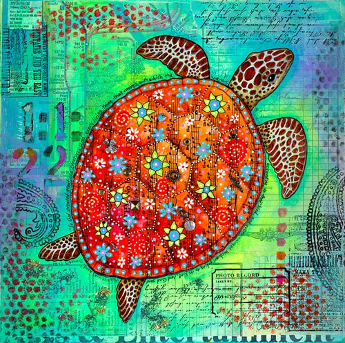 “Mosaic Turtle” Acrylic and Mixed Media with Found Jewelry on Nested Board, 12” x 12” by artist Christine Kerrick. See her portfolio by visiting www.ArtsyShark.com