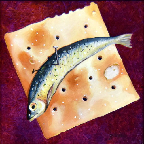 “Sea Biscuit; or Friday Nite during Lent; or Still Life with Saltine” Oil Painting, 8" x 8" by artist Gary Bigelow. See his portfolio by visiting www.ArtsyShark.com