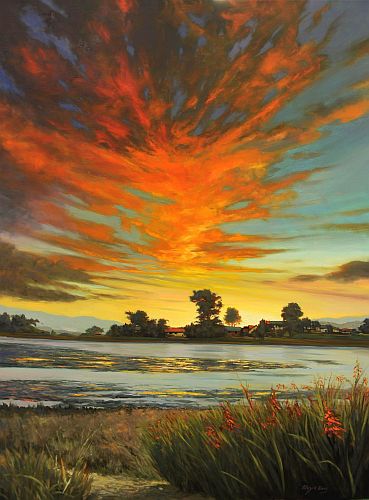 "Sunset at Bolinas Lagoon" Oil on Canvas, 36" x 48" by artist Mason Mansung Kang. See his portfolio by visiting www.ArtsyShark.com