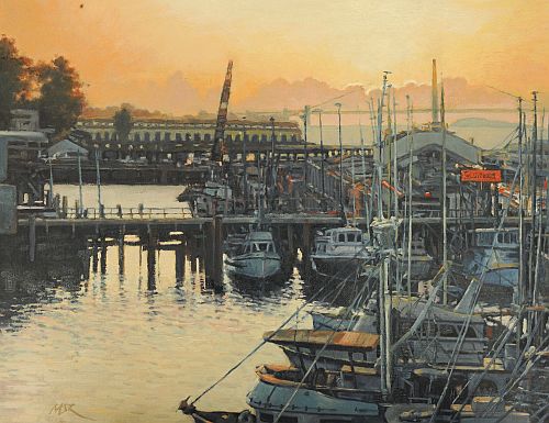 "Sunset at the Pier" Oil on Canvas, 18" x 14" by artist Mason Mansung Kang. See his portfolio by visiting www.ArtsyShark.com