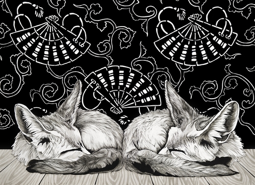 “The Fennec Foxes” Pen & Ink, 40” x 30” by artist Flip Solomon. See her portfolio by visiting www.ArtsyShark.com