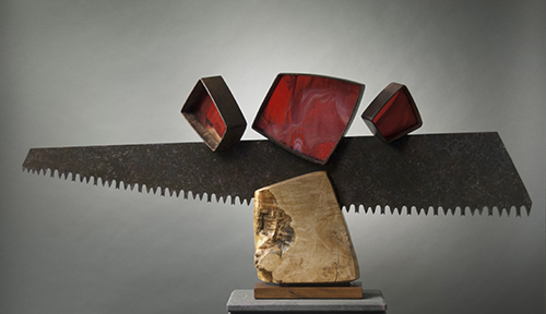 "Cutting Corners" Antique Cross Cut Saw, Burl Maple Wood, Steel and Glass Panels Sculpture, 41.5" x 17.25" x 7" by artist Joseph Boddy. See his portfolio by visiting www.ArtsyShark.com