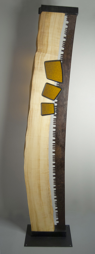 "Tall Trees" Antique Cross Cut Saw, Live Edge Pine Slab and Glass Panels Sculpture, 15" x 64" x 15" by artist Joseph Boddy. See his portfolio by visiting www.ArtsyShark.com