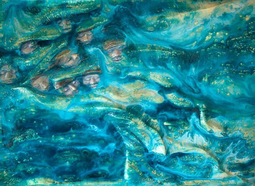 “Sea of Souls” Mixed Media: Oil, Resin and Gold Leaf, 180cm x 122cm x 13cm by artist Ginger Gilmour. See her portfolio by visiting www.ArtsyShark.com