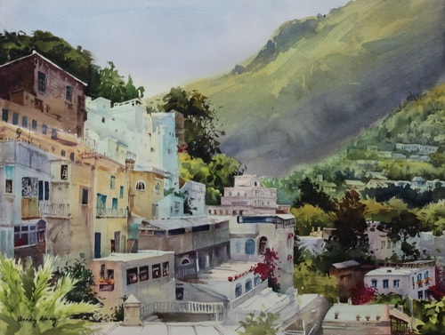 “A Mountainous Village” Watercolor, 22” x 18” by artist Wendy Liang. See her portfolio by visiting www.ArtsyShark.com