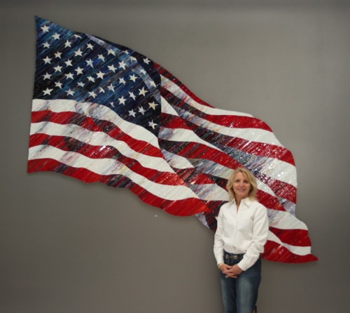 Artist Terri Albanese with her artwork "Colors of Courage" Glass, 107" x 72" x 2". See her portfolio by visiting www.ArtsyShark.com