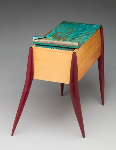 “Crazy Legs 1” Decorative Table with Purple Heart Legs and Fir with Patinated Copper Top, 9” x 4” x 9” by artist Peter Judge. See his portfolio by visiting www.ArtsyShark.com
