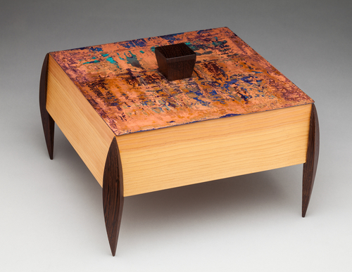 “Curio Box 1” Decorative Box with Wenge Legs and Top Handle, Fir Body and Patinated Copper Top, 10” x 10” x 5” by artist Peter Judge. See his portfolio by visiting www.ArtsyShark.com