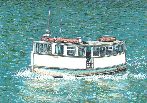 "Dangar Island Ferry" Mixed Media, 9.5" x 7.5" by artist Vikki Jackson. See her portfolio by visiting www.ArtsyShark.com