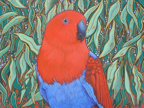 "Female Eclectus Parrot" Mixed Media on Colourfix, 12" x 9" by artist Vikki Jackson. See her portfolio by visiting www.ArtsyShark.com