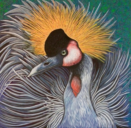 "Grey Crowned Crane" Acrylic on Canvas, 24" x 24" by artist Vikki Jackson. See her portfolio by visiting www.ArtsyShark.com