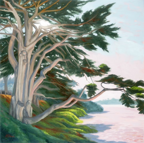 "Ancient Elegance - Monterey Cypress" Oil on Canvas, 302" x 30" by artist Laurel Sherrie. See her portfolio by visiting www.ArtsyShark.com