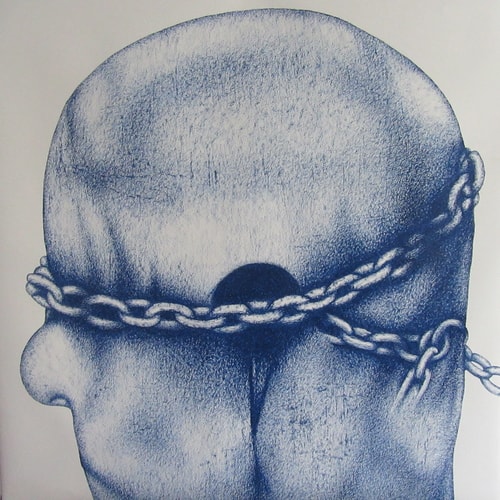 "Man Tied Up in Stone" Oil Pastel, 100cm x 100cm by artist Joey Schmidt-Muller. See his portfolio by visiting www.ArtsyShark.com