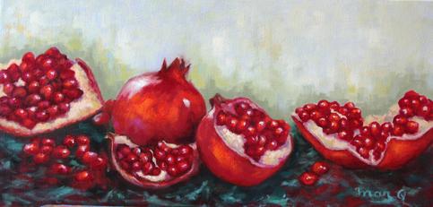 "Pomegranates" Oil on Canvas, 24" x 12" by artist Maruja Quezada. See her portfolio by visiting www.ArtsyShark.com