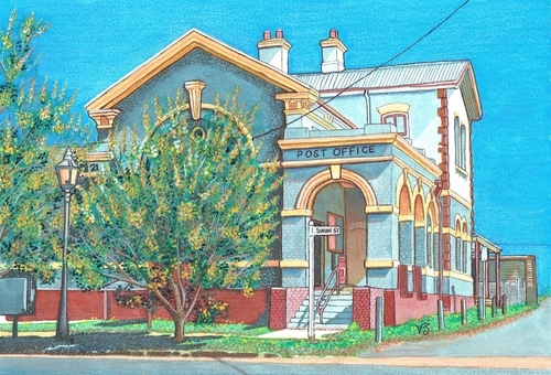 "Morpeth Post Office" Mixed Media, 9.5" x 7.5" by artist Vikki Jackson. See her portfolio by visiting www.ArtsyShark.com