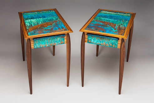  “Pair 1” Set of Tables with Walnut Legs and Zebrawood Body with Patinated Copper Top Inlay, 15” x 22” x 28” Each by artist Peter Judge. See his portfolio by visiting www.ArtsyShark.com