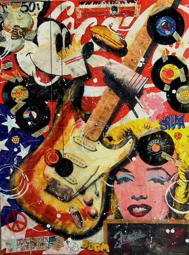 “Shake, Rattle, and Roll” Acrylic and Collage on Linen, 36” x 48” by artist Chuck Middlekauff. See his portfolio by visiting www.ArtsyShark.com