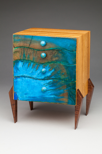 “Splash Box” (Study for Full-Size Chest of Drawers) Black Walnut Legs, Zebrawood Body and Interior Drawers with Dividers made of Aromatic Cedar and Painted Drawer Front, 8” x 7” x 10” by artist Peter Judge. See his portfolio by visiting www.ArtsyShark.com