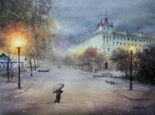 “A Wintry Evening” Watercolor, 22" x 18” by artist Wendy Liang. See her portfolio by visiting www.ArtsyShark.com