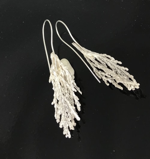 “Sterling Silver Cedar Earrings” Lost Wax Cast Sterling Silver Hook Earrings, 2” Long by artist JoAnn Graham. See her portfolio by visiting www.ArtsyShark.com