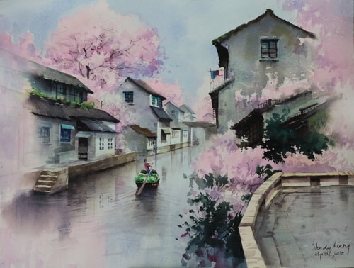 “Peach Blossoms” Watercolor, 22” x 18” by artist Wendy Liang. See her portfolio by visiting www.ArtsyShark.com