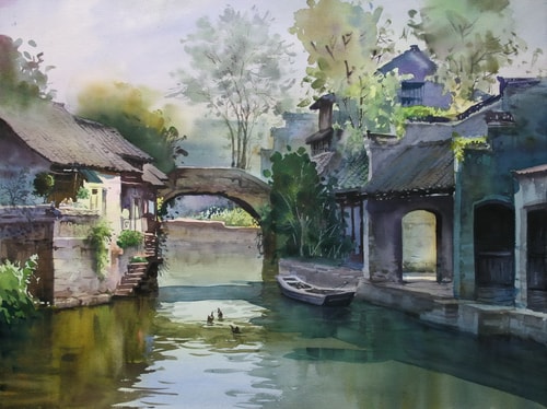 “Traditional Residence, Suzhou, China, 22” x 18” by artist Wendy Liang. See her portfolio by visiting www.ArtsyShark.com