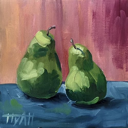 “Paire de Poires” Oil on Canvasboard, 8” x 8” by artist J.W. Hyatt. See his portfolio by visiting www.ArtsyShark.com 