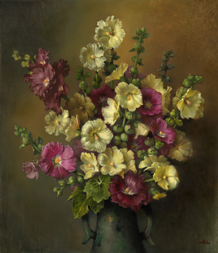 “Hollyhock Fireworks” Oil on Canvas, 20” x 23” by artist Lyndall Bass. See her portfolio by visiting www.ArtsyShark.com