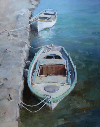 "Boats in Crete" Oil, 16" x 20" by artist Deborah Tilby. See her portfolio by visiting www.ArtsyShark.com