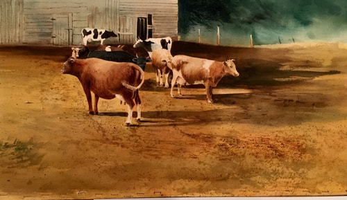 “Milking Time” Watercolor, 26” x 15” by artist Don Rankin. See his portfolio by visiting www.ArtsyShark.com